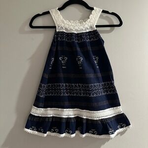 Kids Dress Navy Blue Crochet Trim Elephant Greek Key Print Made in Greece Sz 4